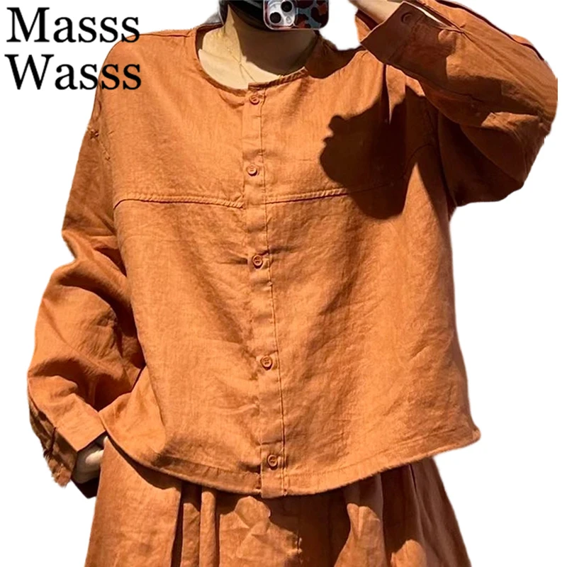 

Женские модные свободные повседневные рубашки Masss Wasss 2026: классические винтажные однотонные топы с длинным рукавом из хлопка