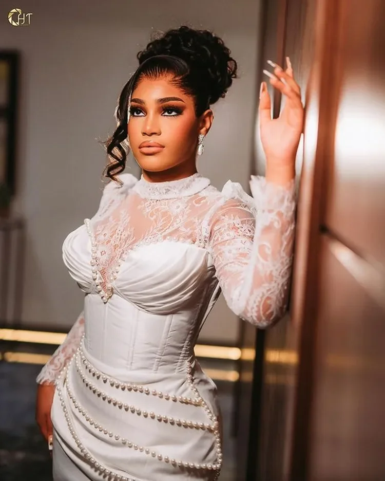 Customized  High Collar Lace Long Sleeves Trumpet Wedding Gowns For Bride Short Shinny Pearls Sheath Arabic Aso Ebi Bridal Gowns