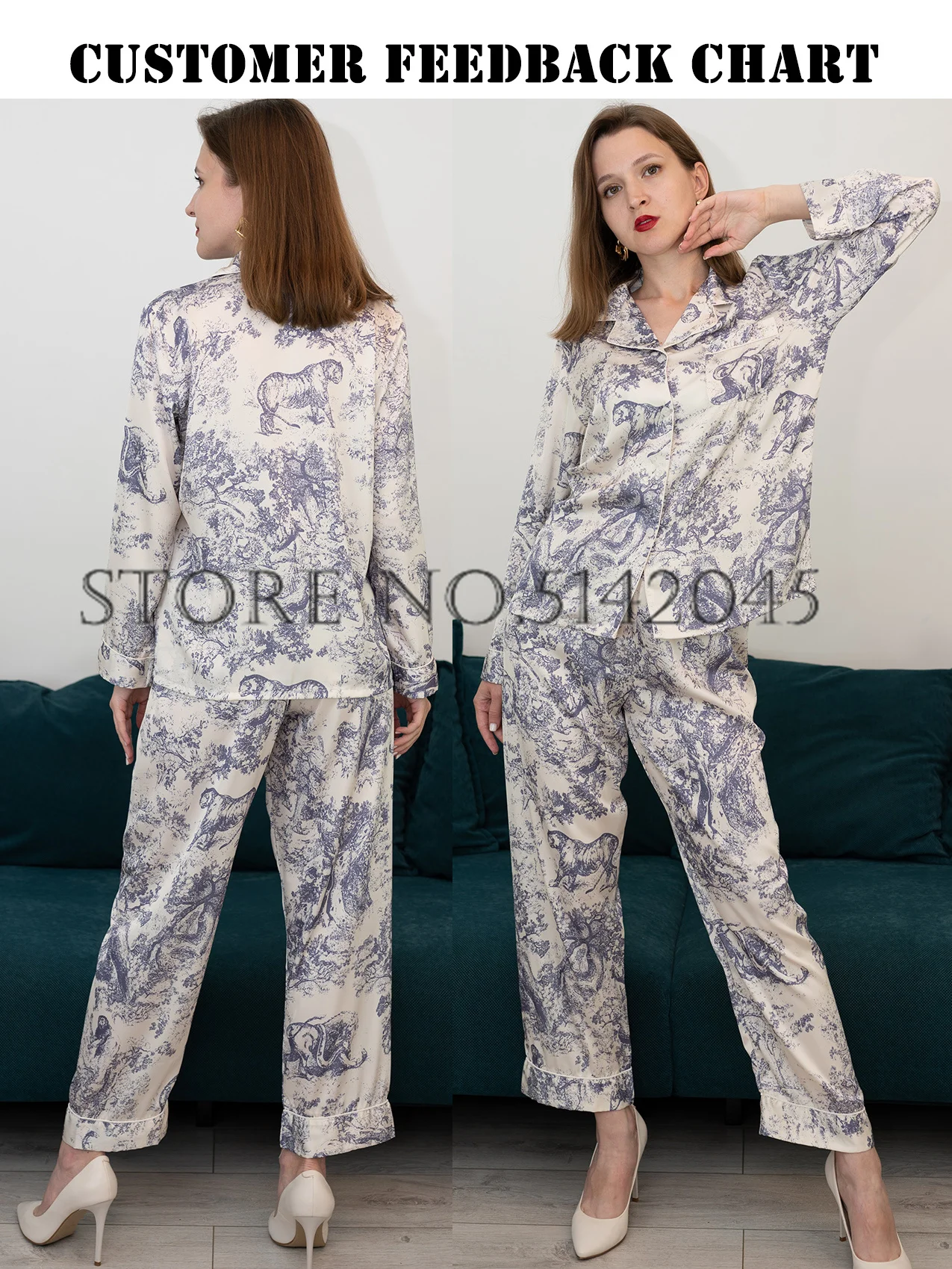 Print Flower Female Sleepwear Long Sleeve Pajamas Trouser Suits Sexy Silky Satin Nightwear Loungewear Loose Casual Home Clothes