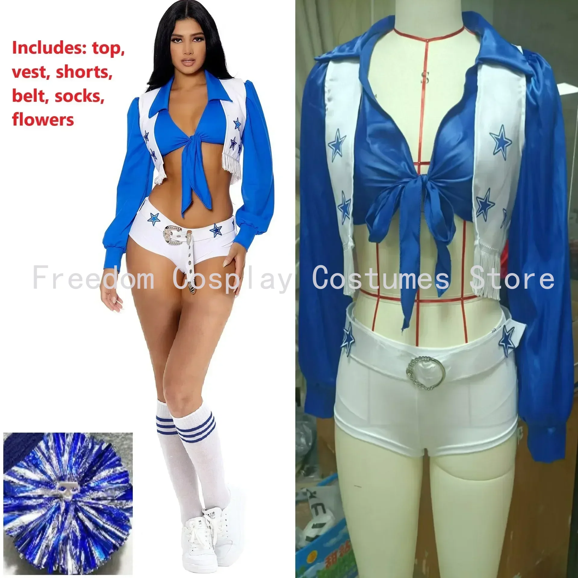 

Dallas Cowboys Cheerleader Costume Women Adult Star Cheerleading Sports Uniform Sexy Football baby Top and Shorts Set Halloween