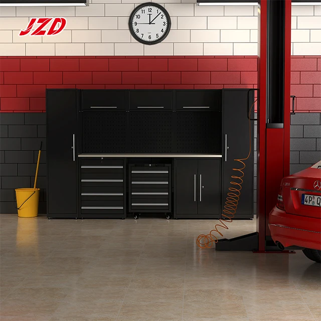 Modern Storage Cabinet Set with Lockable Double Doors Adjustable Height 600KG Load Capacity Tool Trolley Designed for Garage