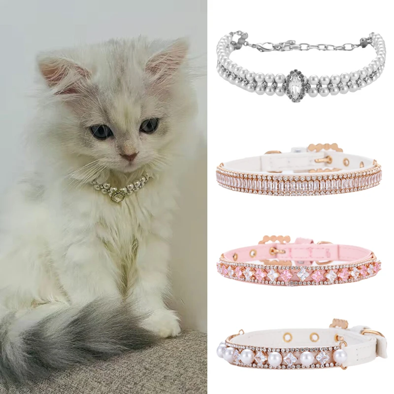 Luksusowy naszyjnik z pereł dla kotów Obroża z kryształu górskiego dla kotów Małe psy Ragdoll Cat Sphynx Naszyjniki Akcesoria dla zwierząt collier chat