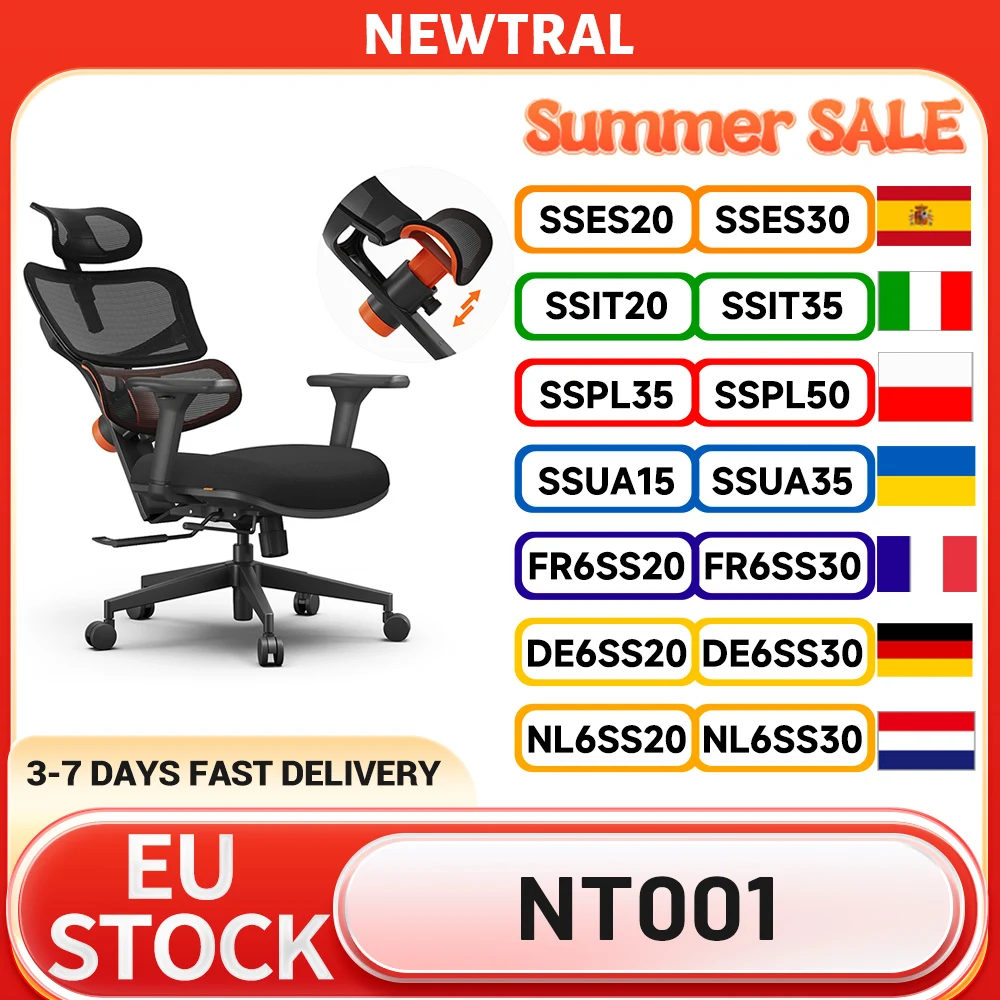 Sedia NEWTRAL Standard NT001 con Supporto Lombare Adattivo, Sedia Ergonomica con Braccioli e Poggiatesta Regolabili, Base in Nylon
