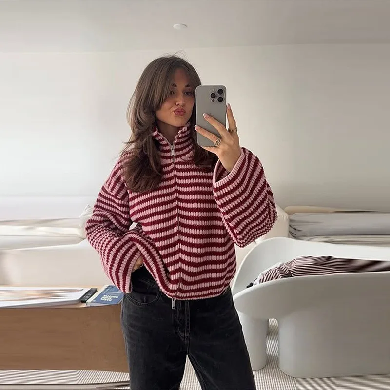 

Stripe Contrast Color Zip Up Knit Cardigan High Neck Wide Sleeve Loose Comfortable Casual Coat Autumn Winter