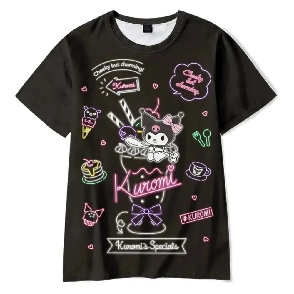 MINISO-Kuromi Anime Cartoon 3D Printed T-Shirt, My Melody, Hello Kitty, Vestuário infantil, T-Shirt moda feminina, Tops casuais, Verão, 2022