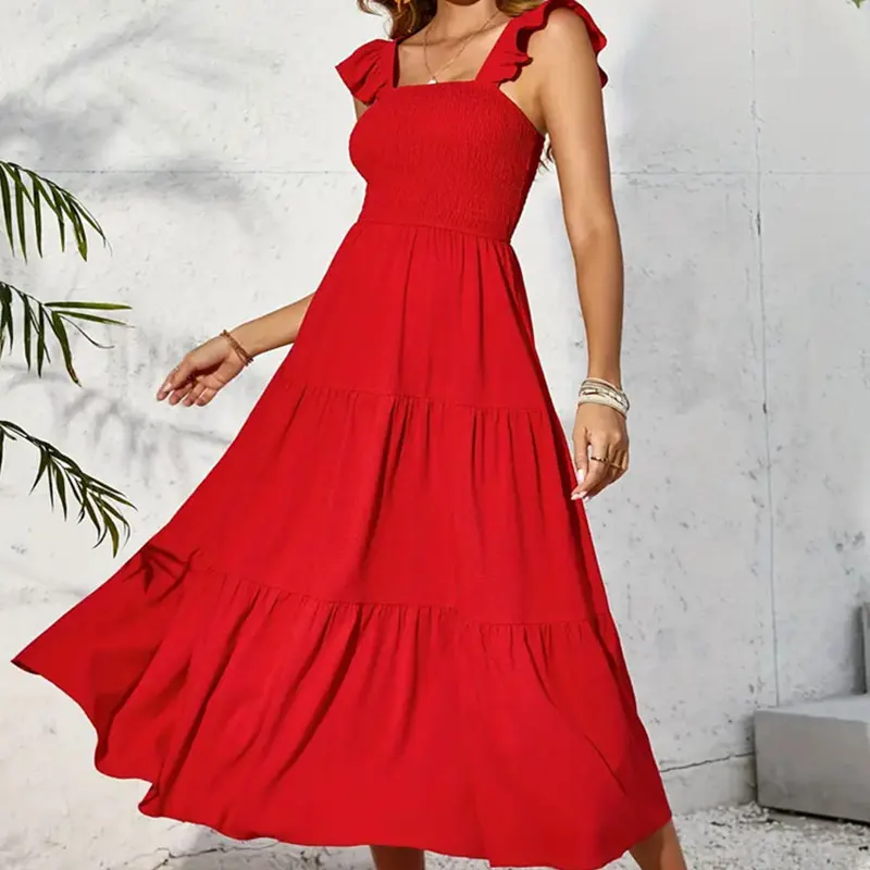 Y.KUKU 3 Colors Summer Midi Dresses Women Party Backless Sleeveless Ruffle Hem Square Neck Dress Casual Elegant Beach Dresses