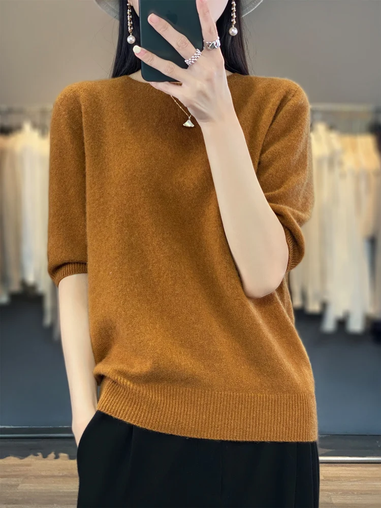 100% pura lana Merino Pullover donna manica corta maglioni lavorati a maglia primavera estate o-collo t-shirt in Cashmere 2024 abbigliamento