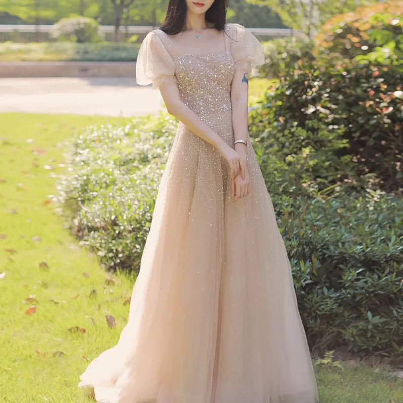 Champagne Color Maids Dr Ele High Waist Ball Gown Long Skirt Slimming ort Sve Bridesmaid Gown for Summer Wedding