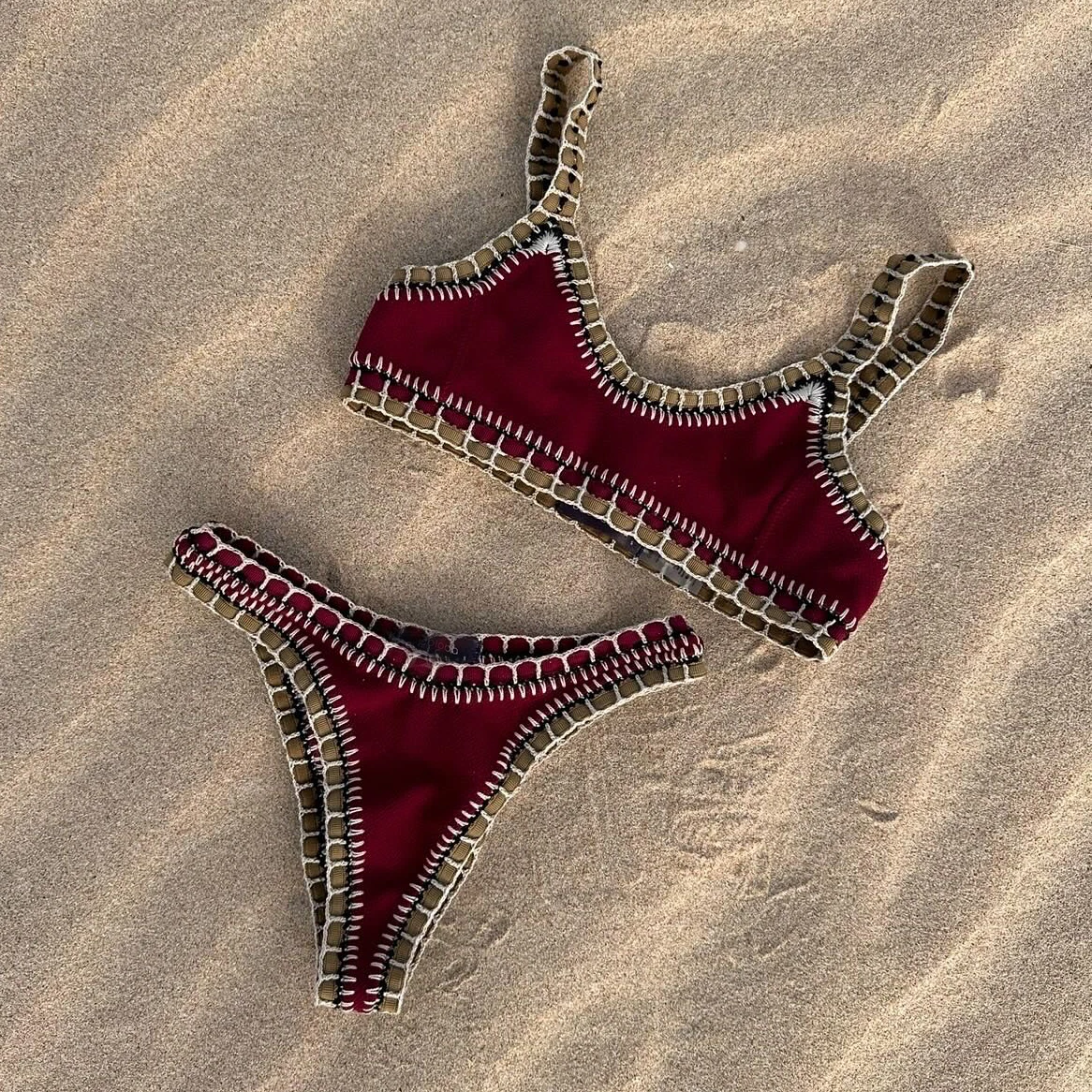 2026 Women Swimsuit Elegant Wine Red Bikini Set with Unique Braided Trim Perfect for Beach Wear and Pool Parties Summer Getaways