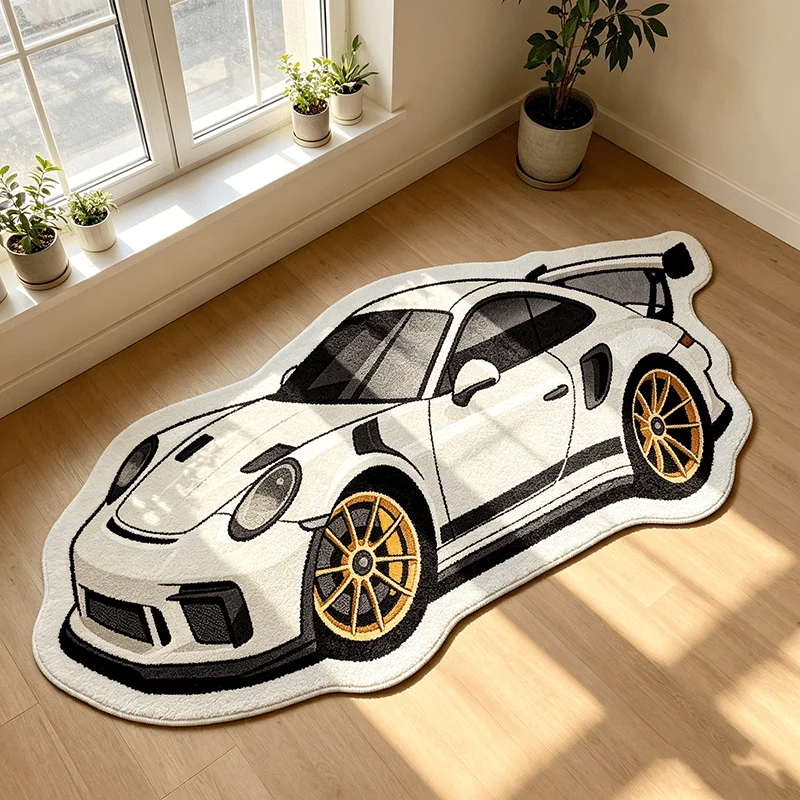 Black Supercar Irregular Shaped Rug Fluffy Tufted Floor Mat Non Slip Washable Area Carpet Boys Teen Room Aesthetic Home Decor