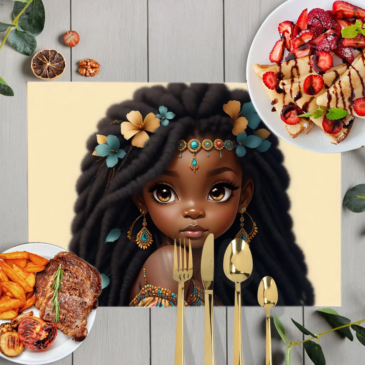 Cute Afro Princess with Cat Restaurant Insulated Placemat African Melanin Girls Non Slip Cup Coaster Kitchen Dish Pads Gift image 3