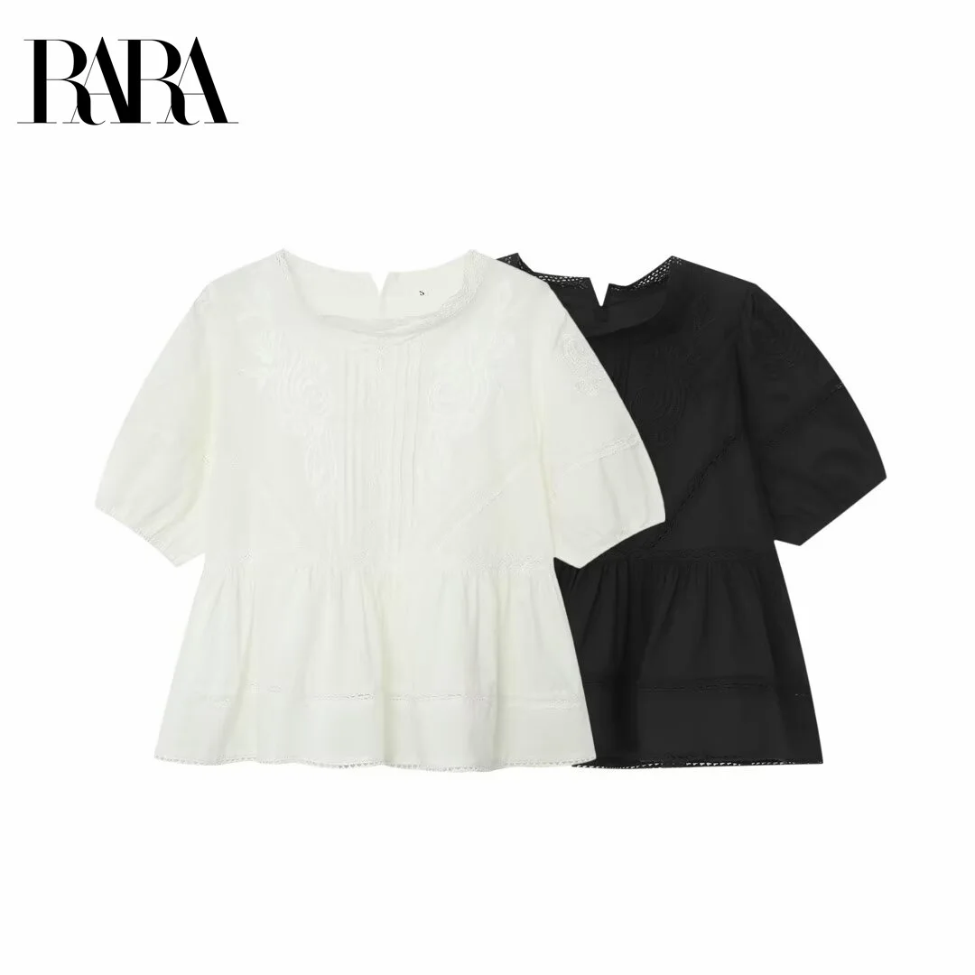 

RARA Women's Summer New Exquisite Embroidery Design Casual Elegant Crew Neck Short Sleeve Pullover Shirt Top