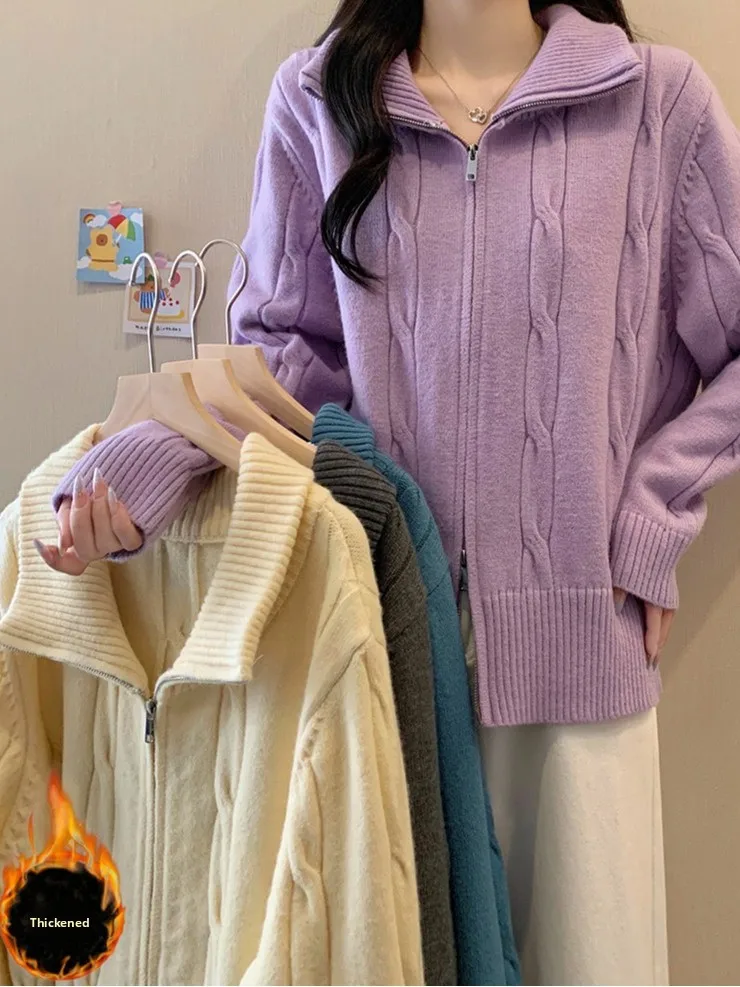 

plus Size Thickened Stand Collar Long Sleeve Knitted Sweater Autumn Winter New Style Slimming Versatile Design Zipper Open Ca...