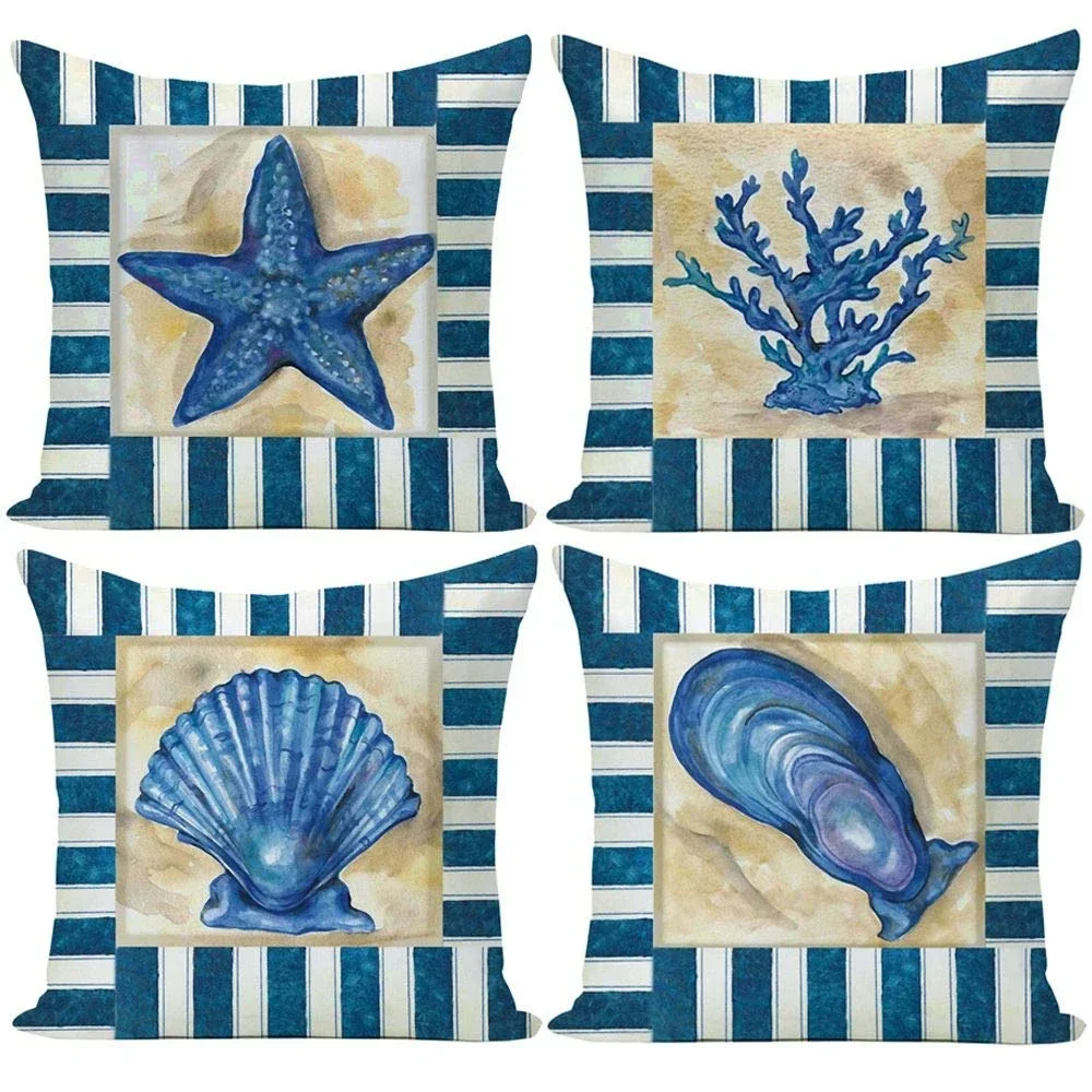 Blue starfish coral shell oyster linen pillowcase sofa cushion cover home improvement can be customized for you 40x40 50x50