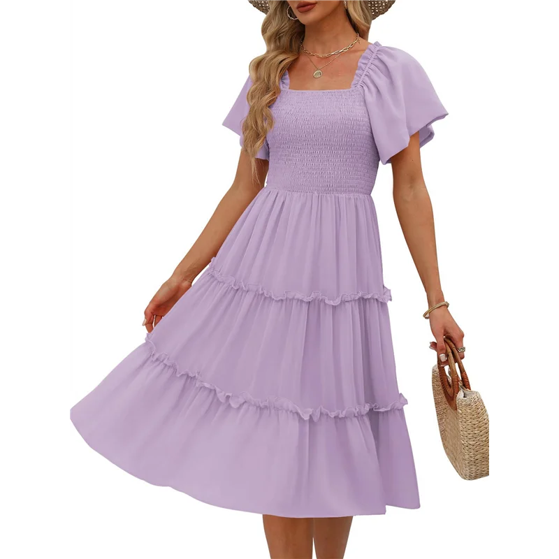 Women's Summer Casual Flutter Sleeve Square Neck Smocked Midi Dress