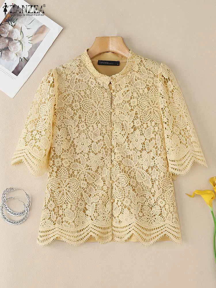 2025 ZANZEA Camisa de encaje de verano de ganchillo, blusa de trabajo elegante para mujer, Blusas informales de media manga con cuello redondo, Tops elegantes de retazos para vacaciones