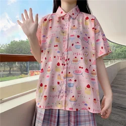 Summer Women Kawaii Strawberry Cake Print Short Sleeve Shirts Cute Tops Camisas Mujer JK Style School Girls Button Casual Blusas