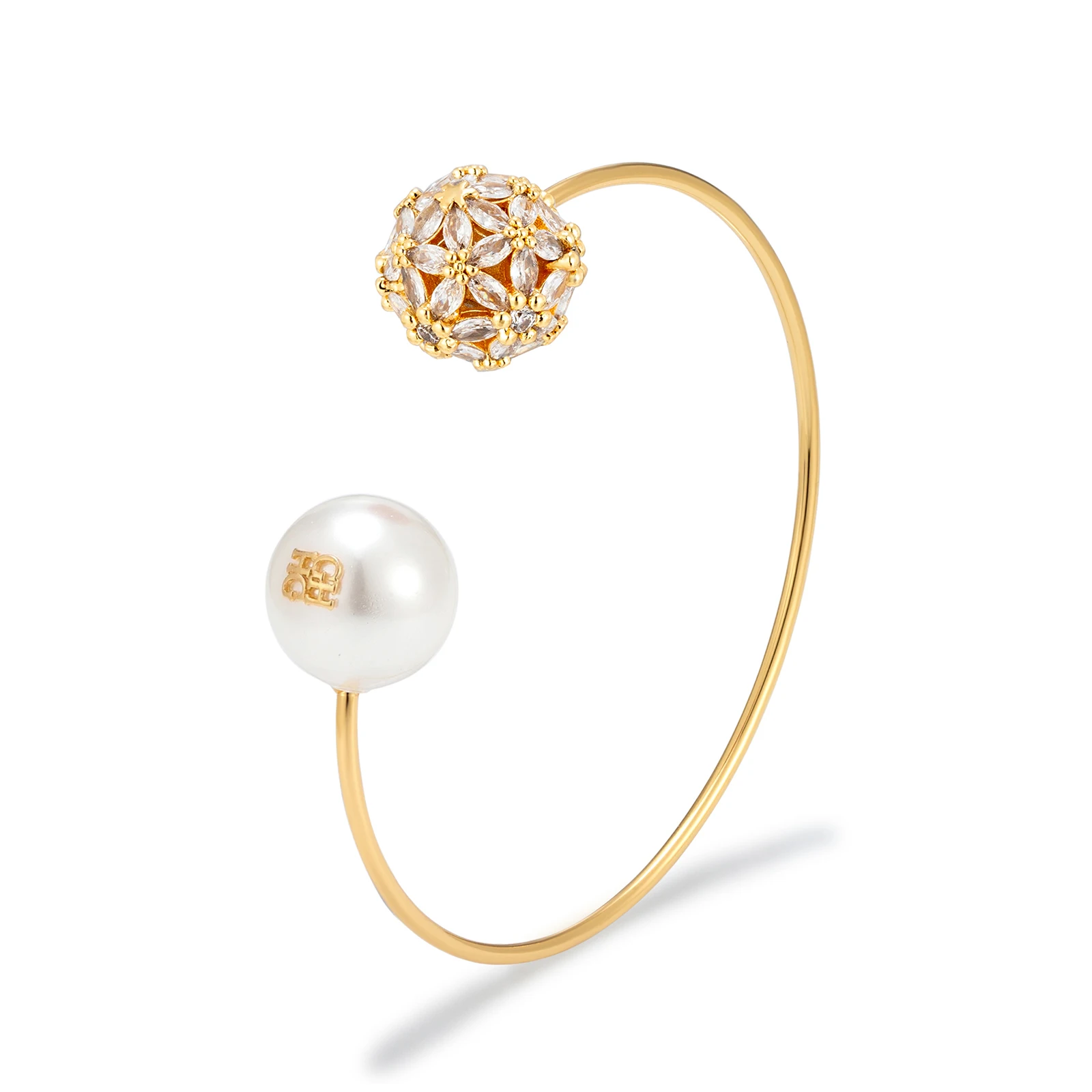 CHic Women Adjustable Open Bangle Bracelet Gold Plated Brass Pearl With Zircon Flower Ball And Letter Charm Light Luxury