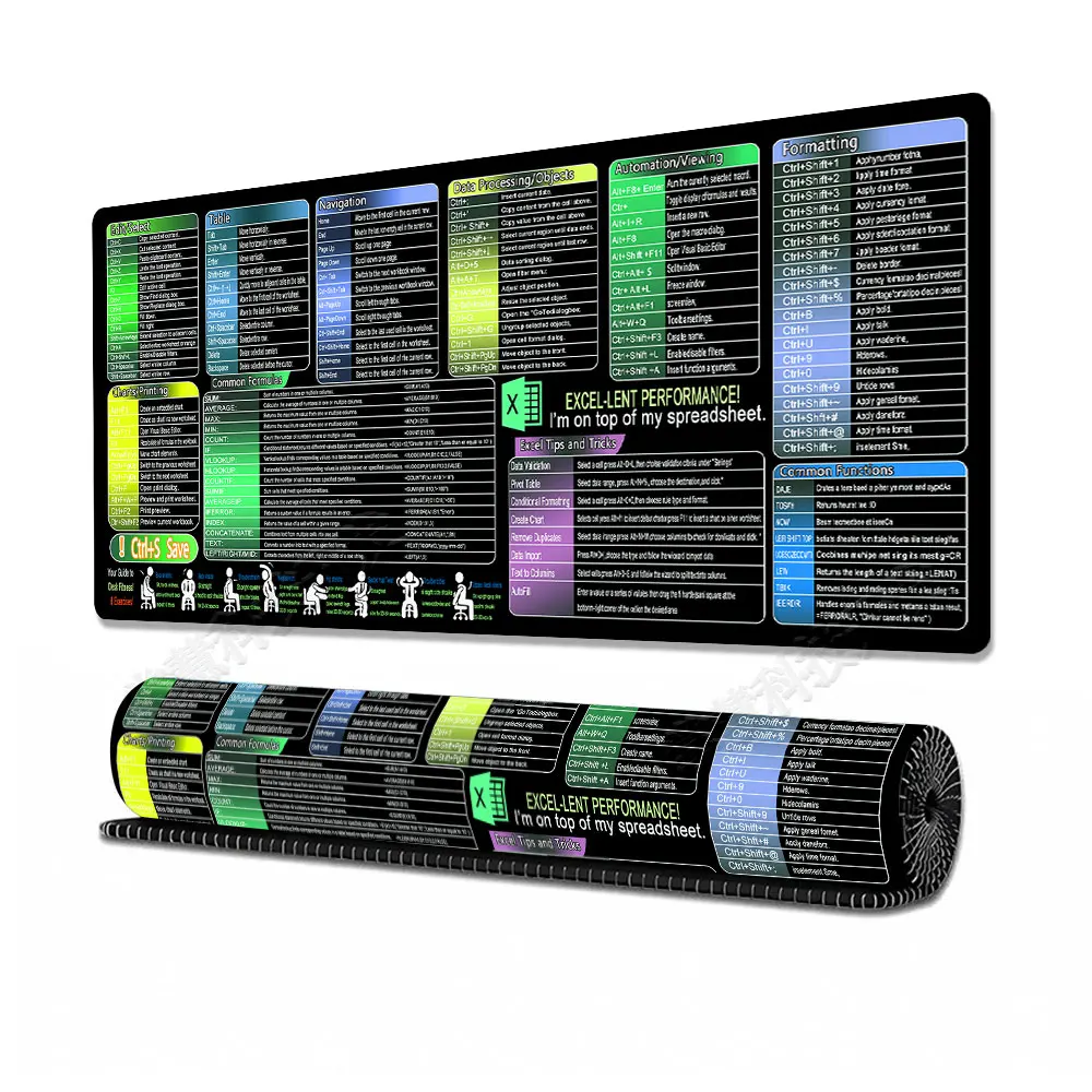 English Excel Shortcuts Mouse Pad Large Extended Office Computer Desk Mat Big Keyboard Mousepad With Stitched Edge Non-Slip Base