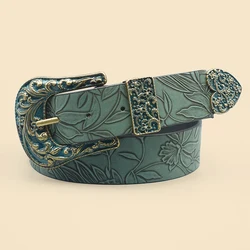 Vintage Dark Color Carved Women's Belt with Leaf Print, Versatile for Autumn and Winter Casual Belt, Daily Commuting Decoration