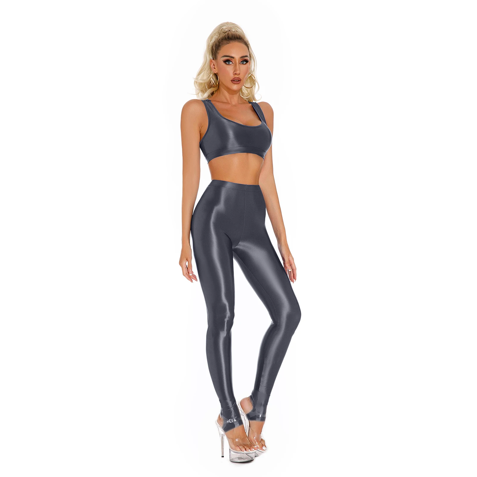 Womens Gymnastics Yoga Dancewear Glossy Sleeveless U Neck Crop Top with High Waist Leggings Gym Fitness Training Sportswear