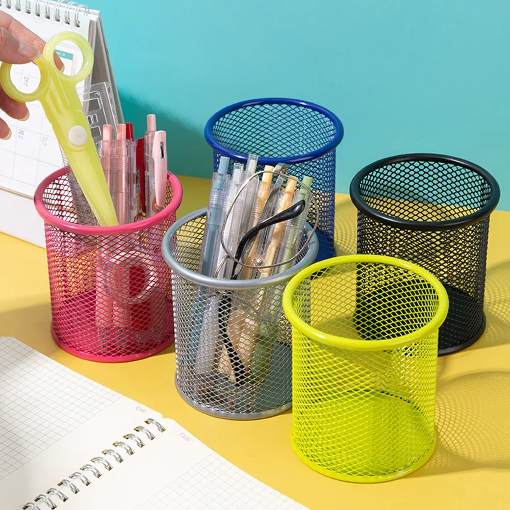 Round Square Pencil Holder Desktop Organizer Hollow Mesh Pen Holder Stationery Storage Case Pencil Pot School Office Supplies