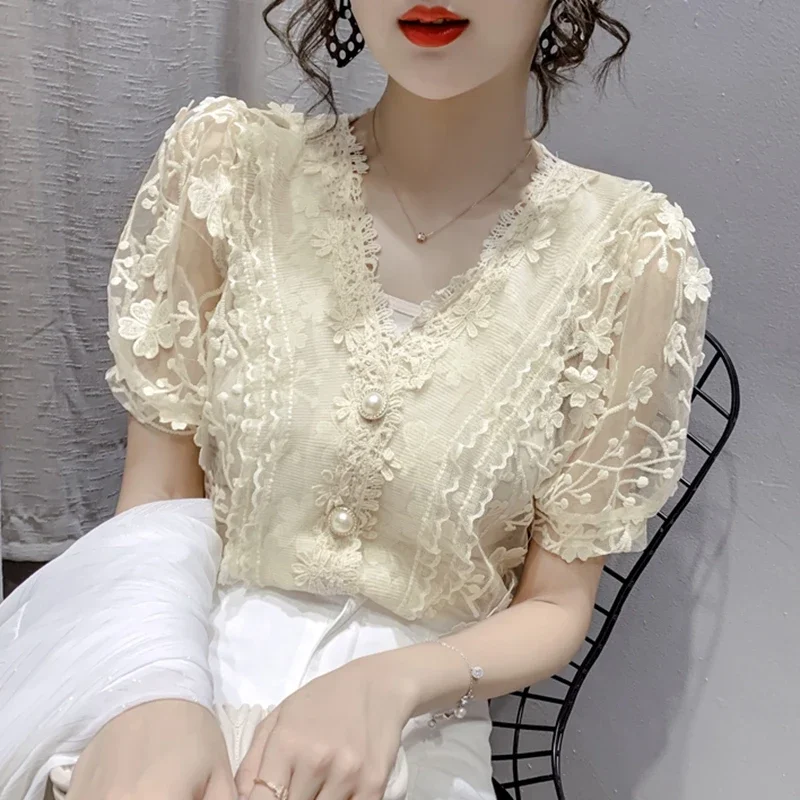 Vintage Lace Blouses Womens 2024 Summer Fashion Elegant White Blusas Mujer Casual V Neck See Through Sexy Puff Sleeve Y2k Tops