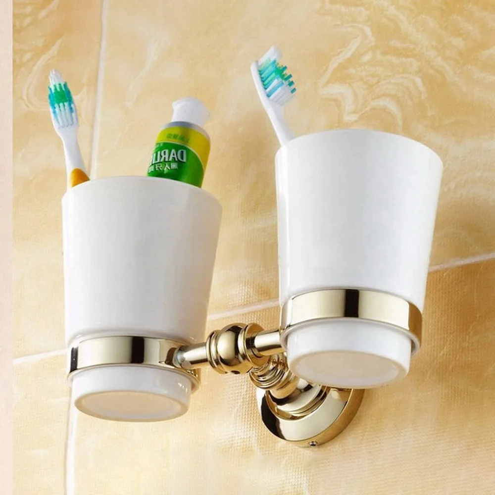 

Латунный держатель для зубных щеток золотого цвета с двойными керамическими чашками, настенные аксессуары для ванной комнаты aba138