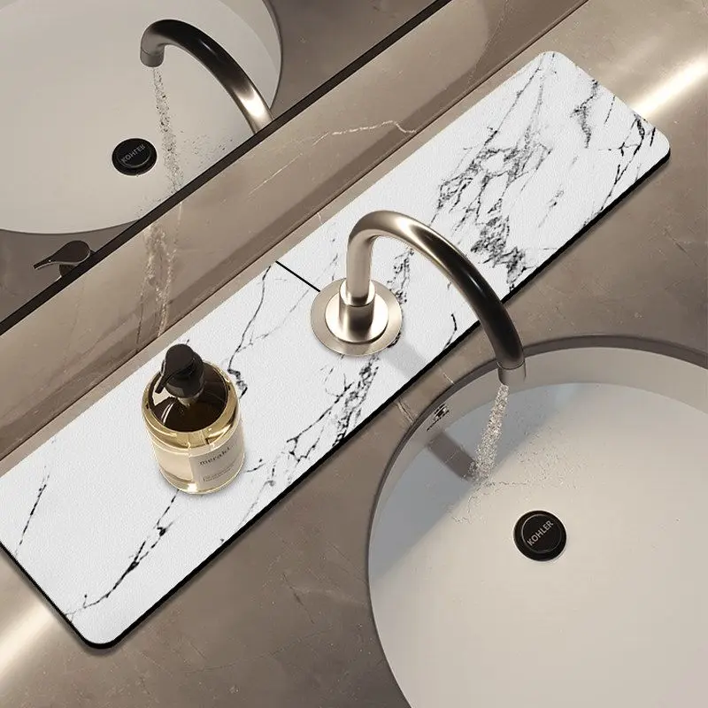 VIKAMA Bathroom Sink Mat Marble Print Water Absorbing Faucet Mat for Vanity Countertop Anti Slip Home Decor