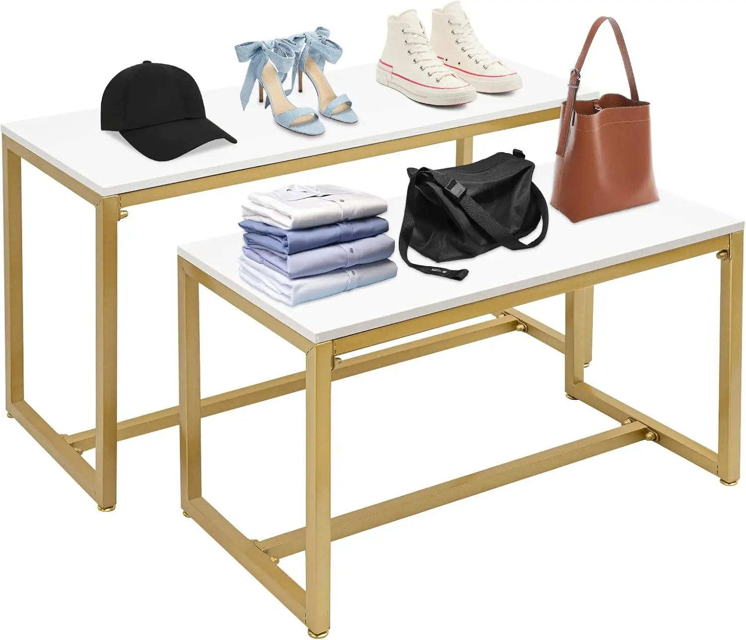 طقم مكون من قطعتين من طاولات التعشيش الذهبية الحديثة، رف عرض معدني للأحذية وحقائب اليد والمنزل ومحلات الملابس - سعة تحميل 110 رطل