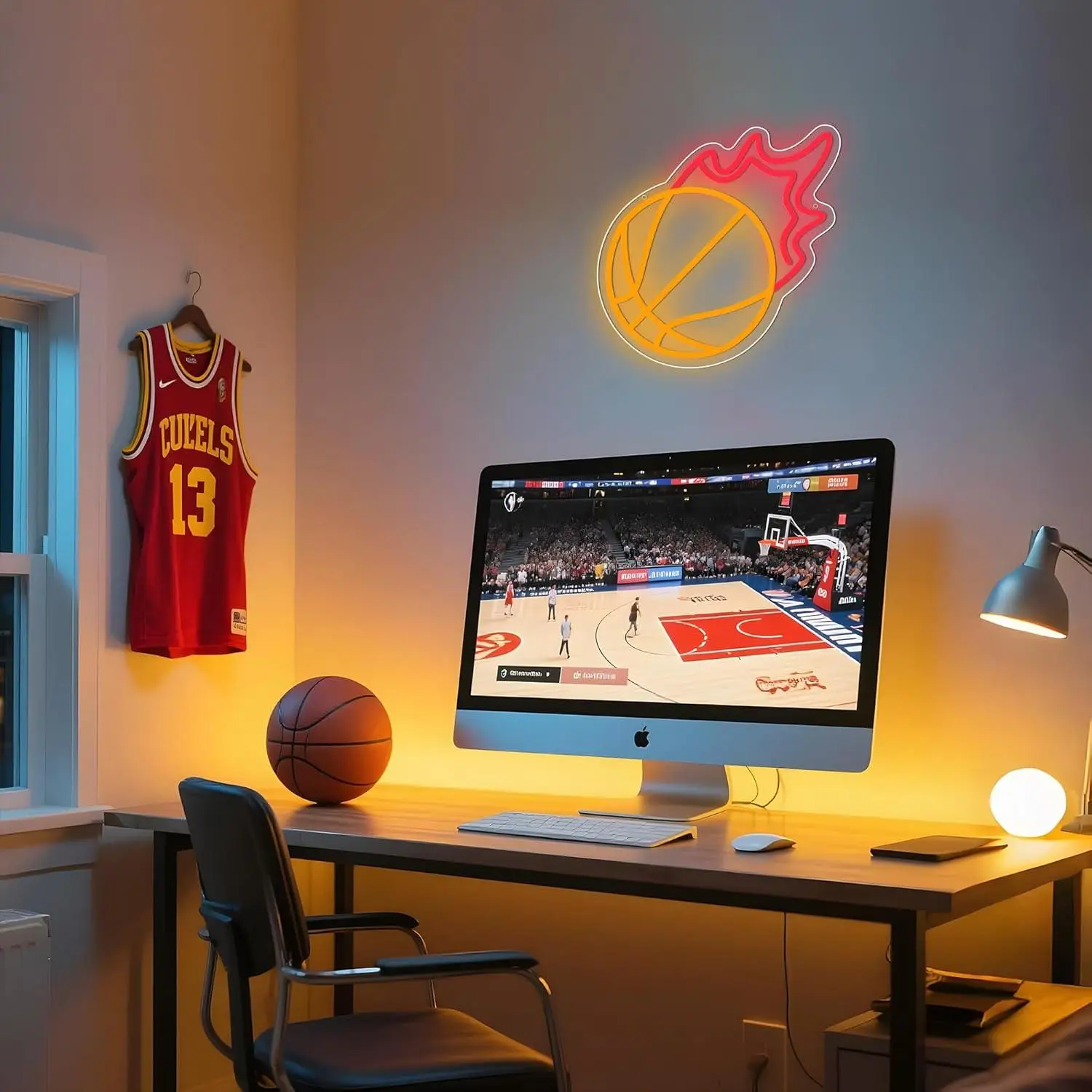 Fire Basketball Neon Sign Dimmable LED Light for Wall Decor Basketball Court Bedroom Kids Gift Sports Themed Night Light