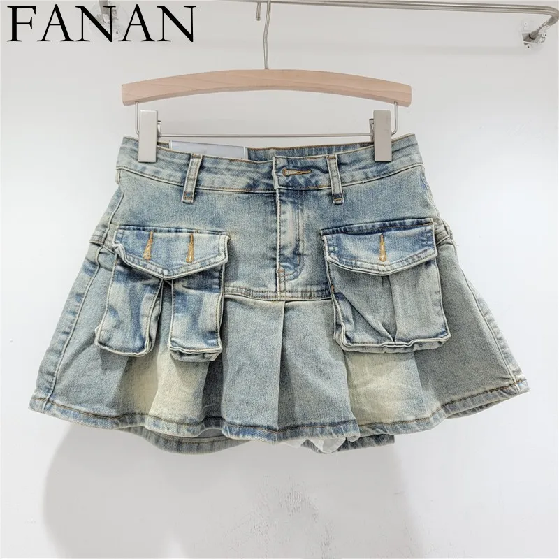 

2024 Summer New Age Reducing Pocket Denim Short Skirt Women Spicy Girl Pleated Skirt High Waisted Anti Glare A-line LX135