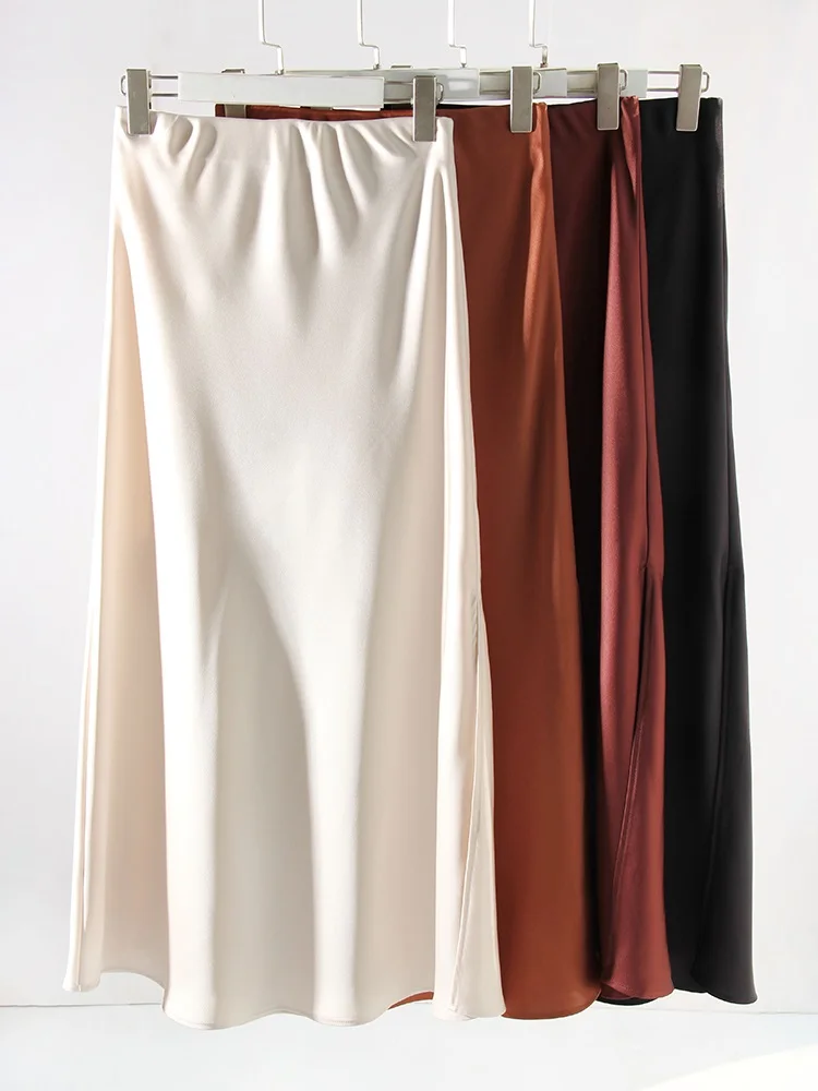 Streamgirl Maxi Solid Slit Skirts For Women Long Elegant Summer Office Champagne Satin Skirts Elastic Waist Women's Summer Skirt