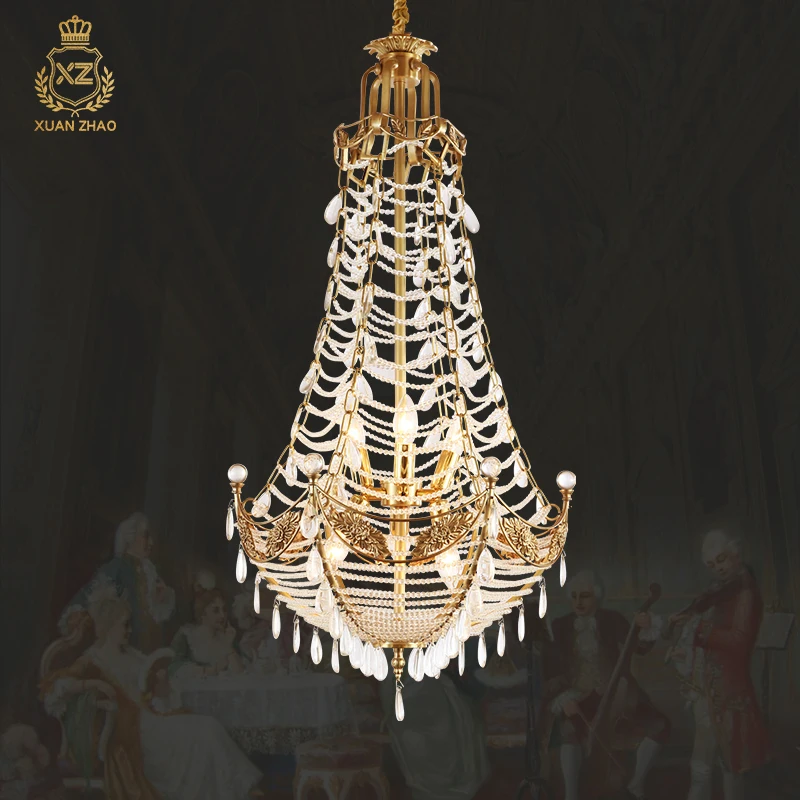 European Full Copper Led Church Golden Pendant Lighting Hotel Chandeliers Luxury Italian Stairs Crystal  Chandelier