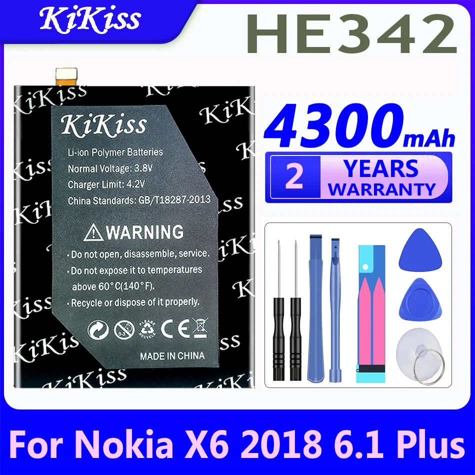 4300mAh KiKiss Powerful Battery HE 342 HE-342 HE342 For Nokia X6 2018/5.1 Plus/6.1 Plus 2018 TA-1099 X5 TA-1109 Batteries + Tool