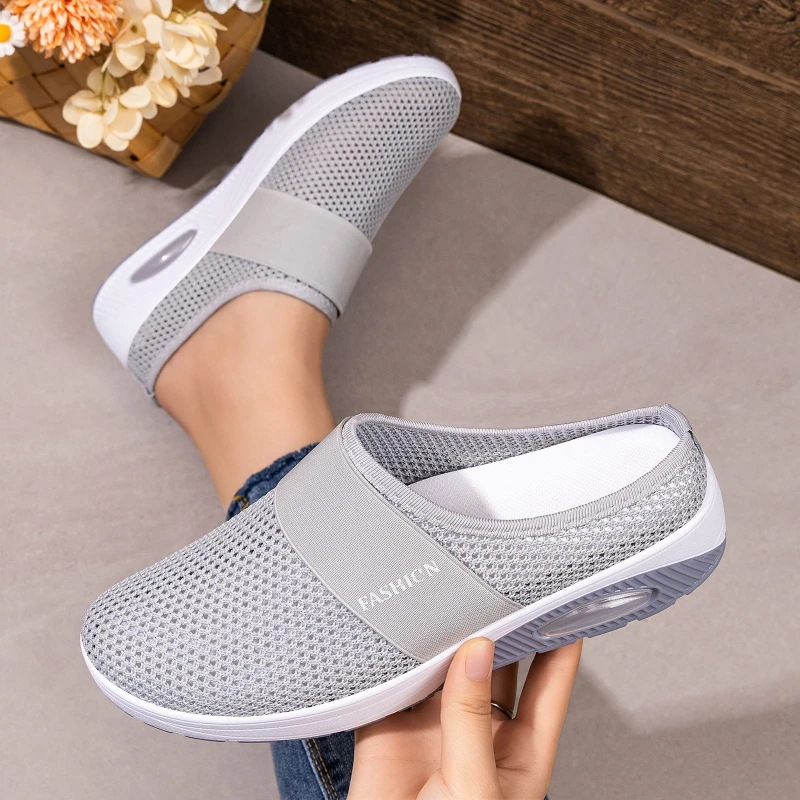 Women Hollow Mesh Mules Slip On Air Cushion Wedge Platform Walking Shoes Breathable Backless Casual Mom Sneakers Plus Size - view 3