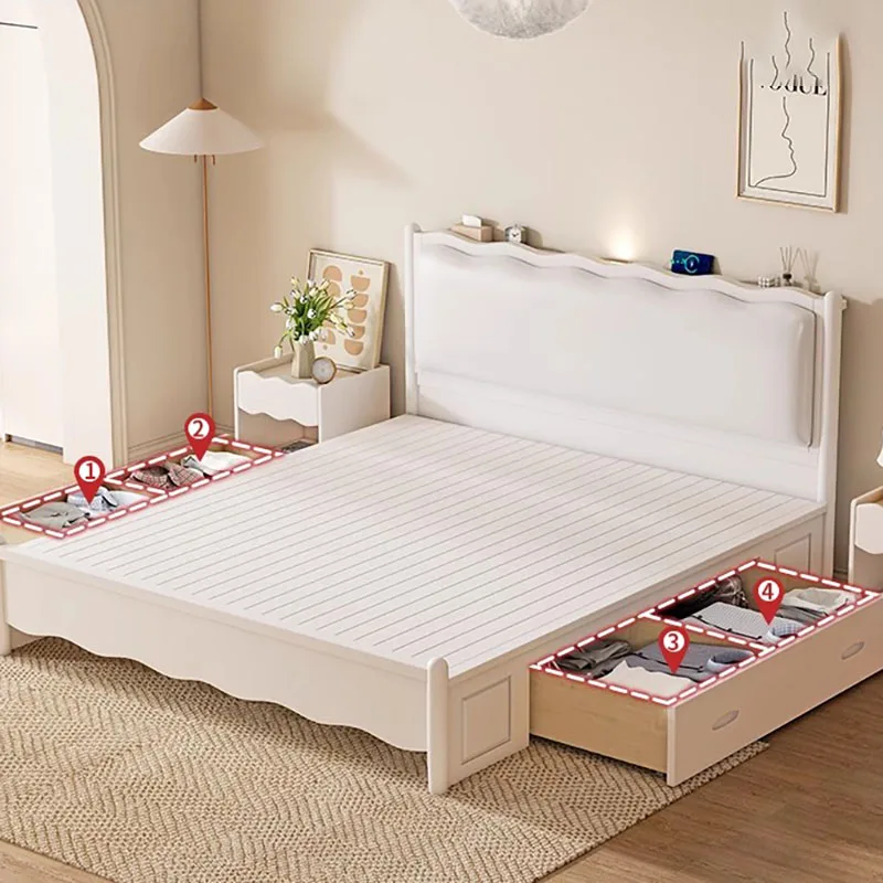 Storage Designer Double Bed White Shelves Modern Safe Full Size Twin Bed Frame Platform Wood Cama Box Casal Bedroom Furniture