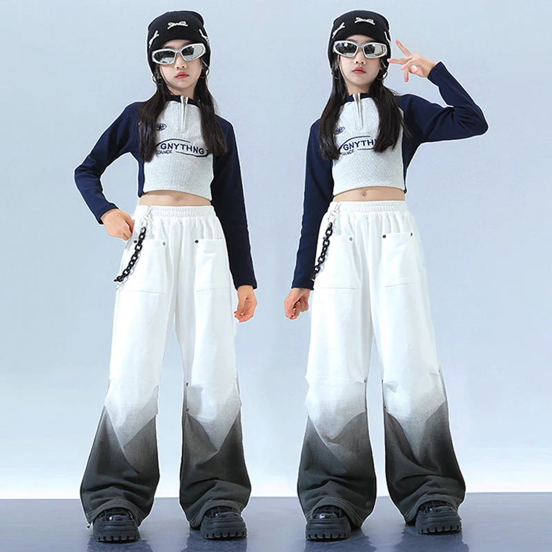 

Kpop Stage Outfit Children Clothing Jazz Dancewear Crop Tops White Shuffle Pants Cool Streetwear Grils Hip Hop Clothes VDL1943