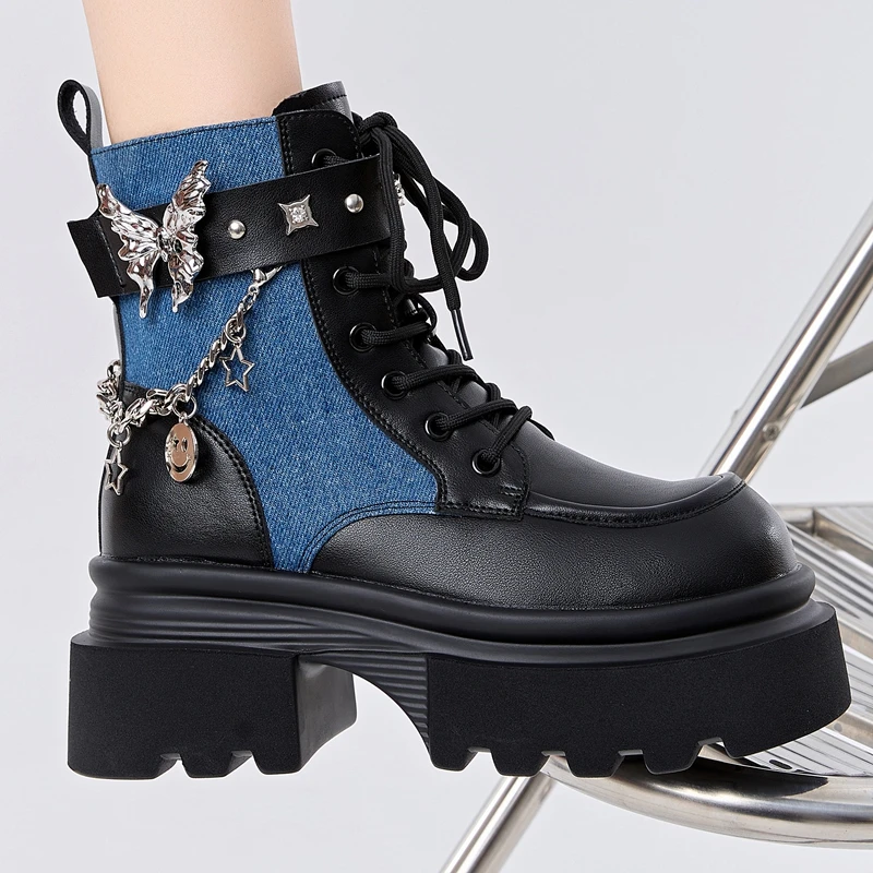 Botas de jinete ligeras informales de moda de inspiración británica con pajarita y parte inferior de plataforma Botas de tobillo de cosplay de tacón grueso