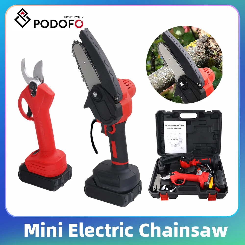 Motosierra Eléctrica Inalámbrica Podofo de 6 Pulgadas y 5M/S con Dos Baterías y Enchufe Europeo para Cortar Ramas y Arbustos de Jardín