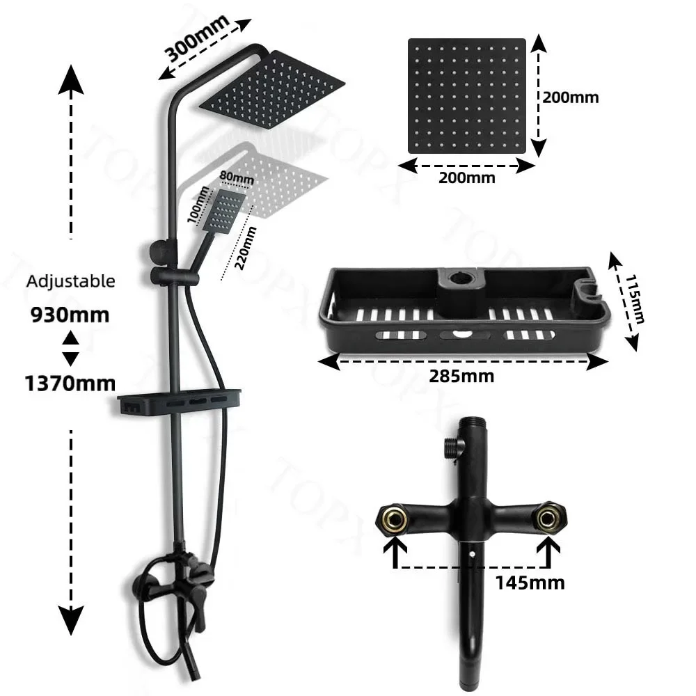 Bathroom Wall Mounted Shower Set Black  Faucet with Shelf Three Position Adjustable   Rain  System