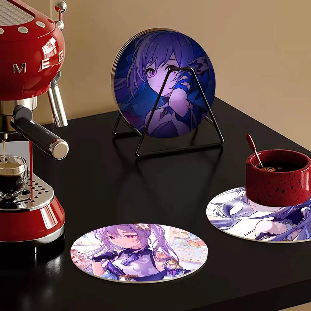 1pc Game Genshin Keqing Wooden Coaster Colour Printing Cup Mat Home Desk Decoration Gifts