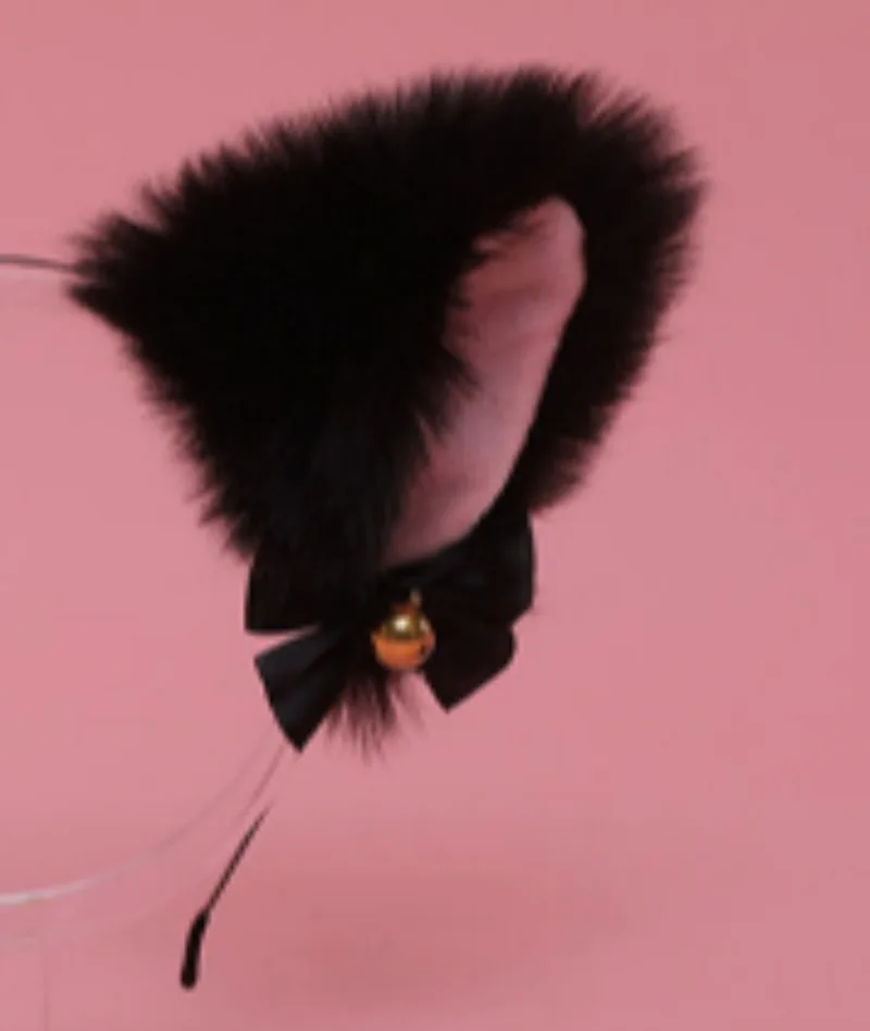 Simulation of cat ears hairband furry black and pink with bow bell cosplay kitten