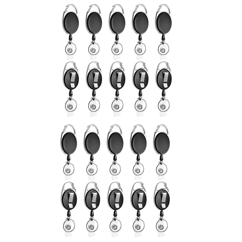 

20 Pack Retractable Badge Reel With Carabiner Belt Clip And Key Ring For ID Card Key Keychain Badge Holder Black