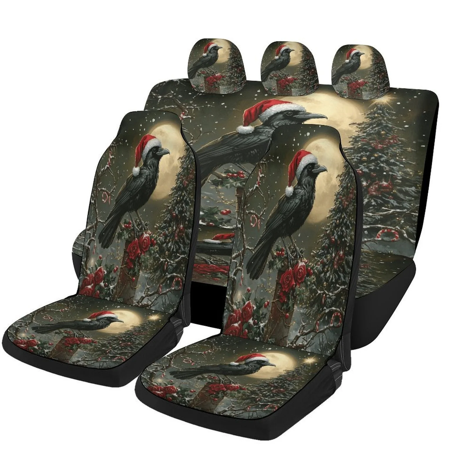 Christmas Raven Moonlight Designed Car Seat Covers Set For Most Cars, Trendy Breathable Decorative Car Seat Protector Covers Ful