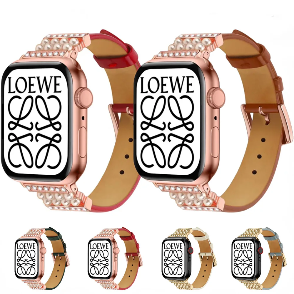 Leather Strap with Diamonds and Pearls for Apple Watch Band 49mm 45mm 41mm 44mm40mm 42mm Women Bracelet for iWatch Ultra 87654SE