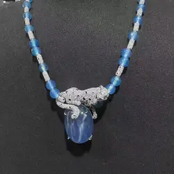 ZOCA 925 Sterling Silver High Carbon Side Silver Panther Leopard Shaped Pendants With  Blue Beads Necklace Luxury Jewelry