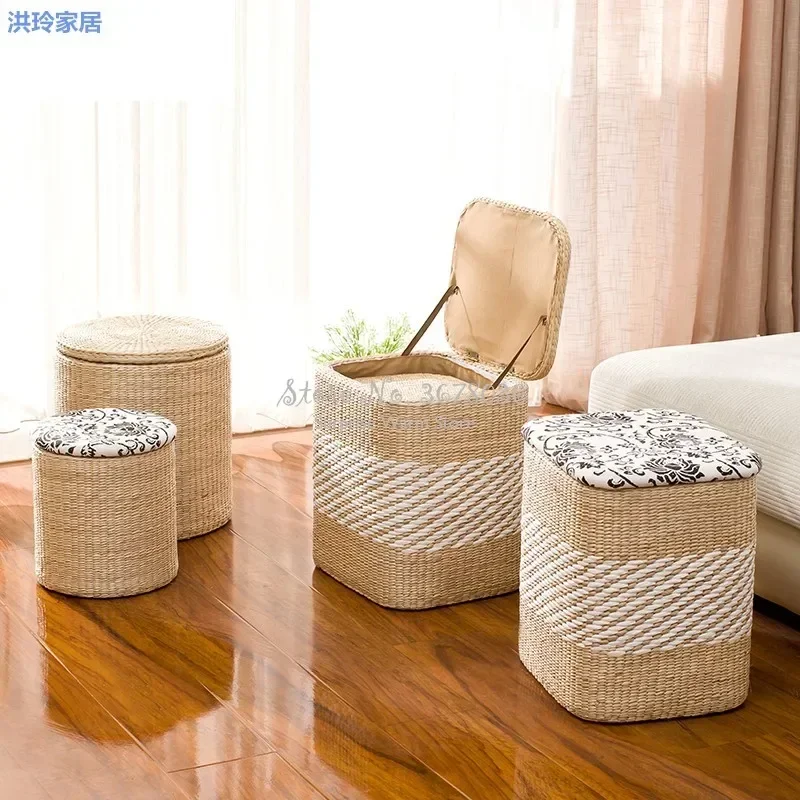 Handmade Straw Solid Wood Shoe Changing Stool Ottoman Rattan Storage Chair Dual-Use Foot Stools Sofa Seat