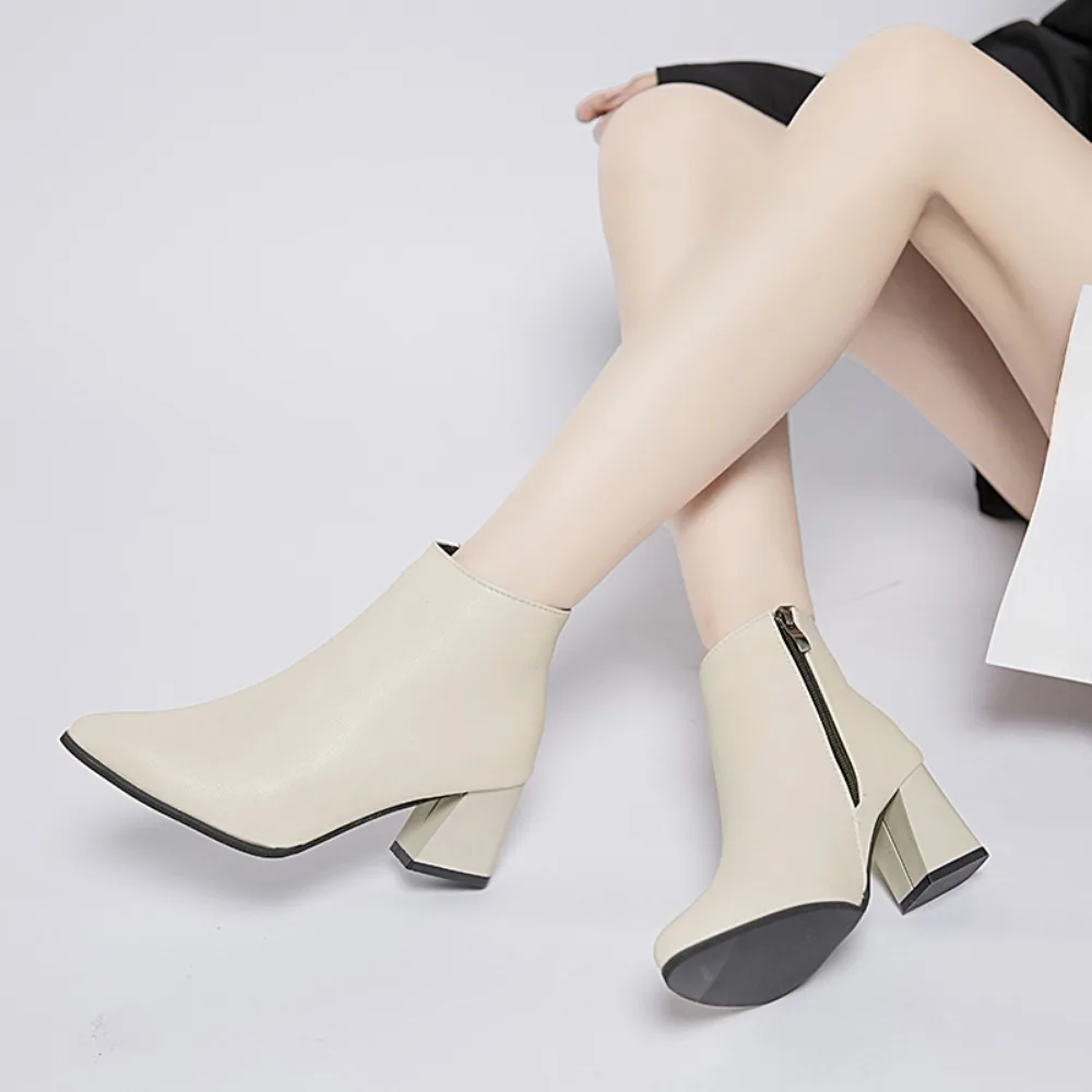 White Ankle Boots for Women 2024 Side Zipper Stretch Middle Heel Large Size Short Boot Fashion Pointed Boots  Big  Size 43