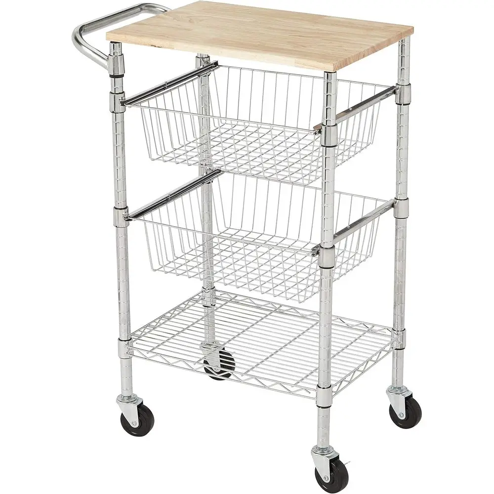 

3-Tier Metal Basket Rolling Utility Cart with Wood Top, Kitchen Storage Organizer, Portable, Silver